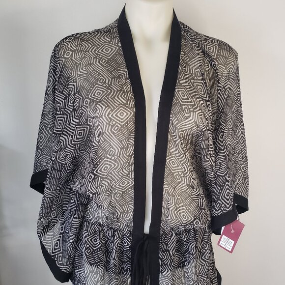 Black White Silky Sheer Wizard Sleeve Beach Bath Robe Coverup - Picture 5 of 10